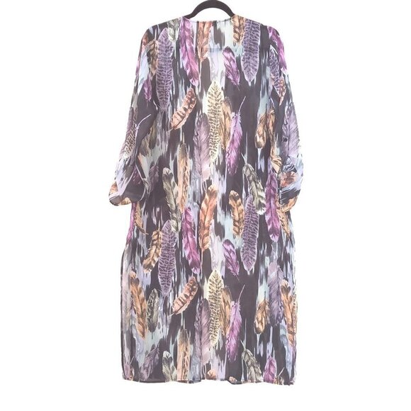 Vision Women's Sheer Multicolor Feather Pattern Open Cardigan - Picture 2 of 8